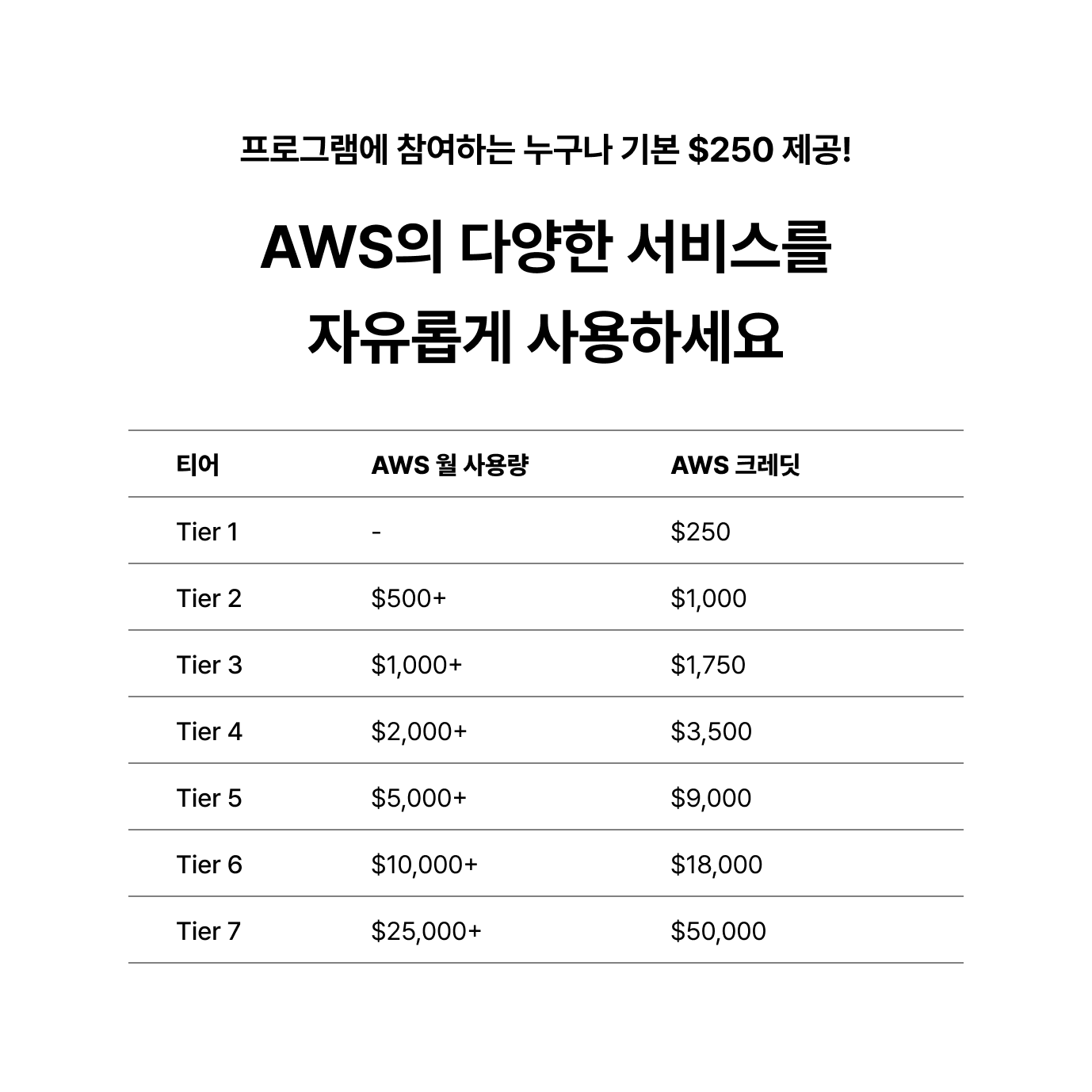 $1만 사용해도 $750 제공! AWS의 다양한 서비스를 자유롭게 사용하세요